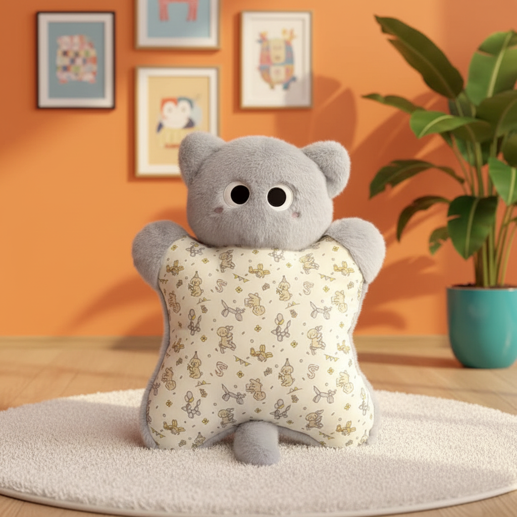 A plush cat-shaped pillow with a star-shaped body, featuring a gray plush cat head and arms and a cream star body with a small bunny pattern, sitting on a white textured rug in a child's room with an orange wall and a potted plant.