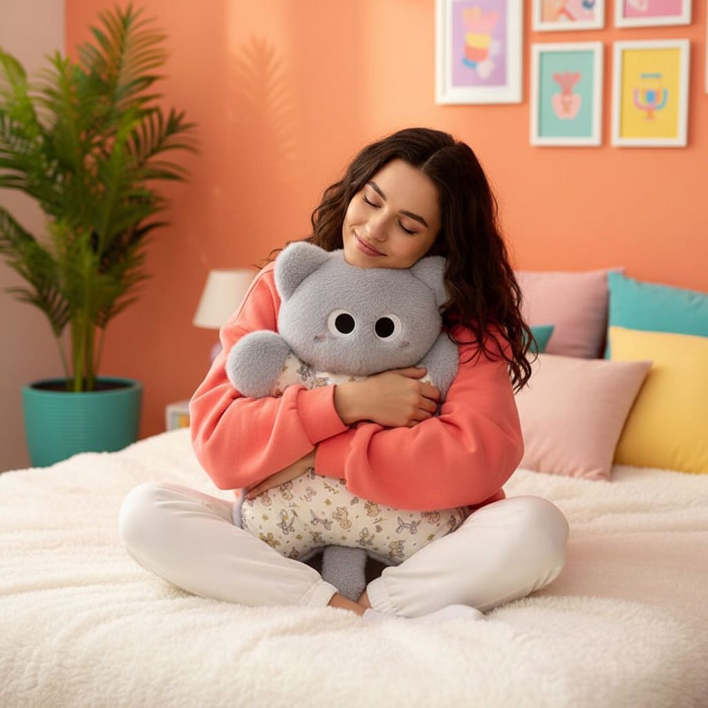 A woman sitting cross-legged on a bed in a cozy bedroom, hugging a large gray plush cat. She is wearing a coral pink sweatshirt and white pants, with colorful pillows and a potted plant in the background.