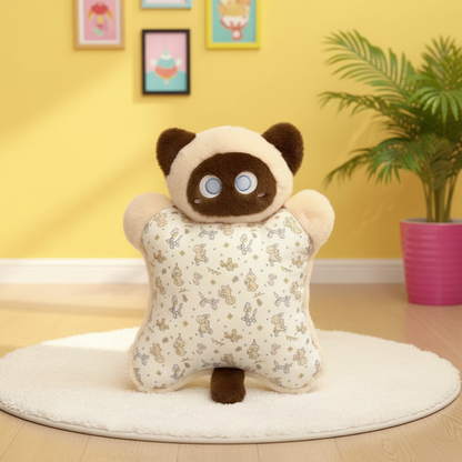 A cat plush cushion with a cream and brown patterned star-shaped seat, set on a white round rug in a child's room with a yellow wall and a potted plant.