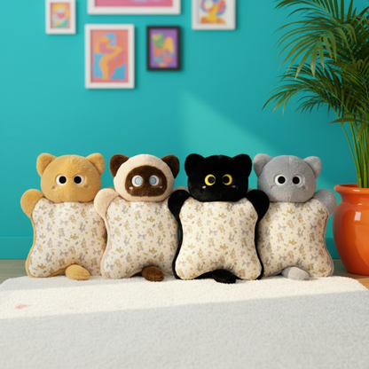 Four plush cat-shaped pillows in different colors (yellow, beige, black, and gray) with floral-patterned bodies, lined up on a white surface against a teal wall with framed art and a potted plant.