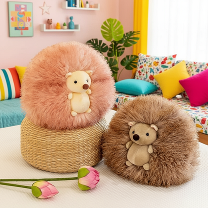 Two plush hedgehog toys on a bed with a colorful background