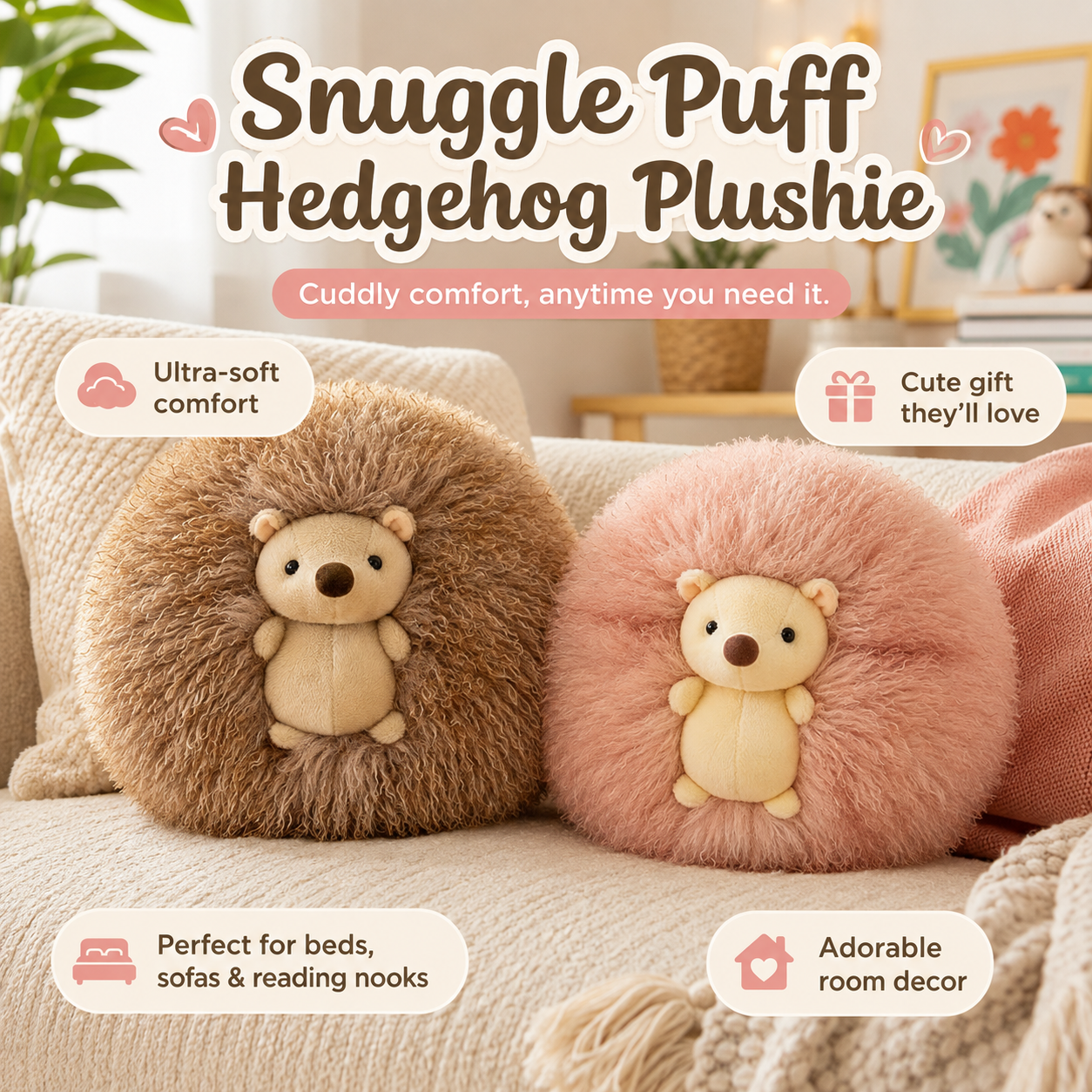 Two round hedgehog plush pillows on a cozy beige sofa, one in brown and one in dusty pink, with overlaid marketing text and badges describing comfort, gift appeal, and room decor.