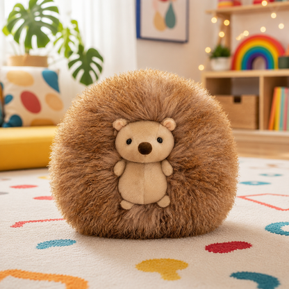 A round, plush hedgehog-shaped plushie or stuffed animal in warm brown faux fur with a small beige teddy bear face in the center, placed on a colorful patterned rug in a bright, cozy room.