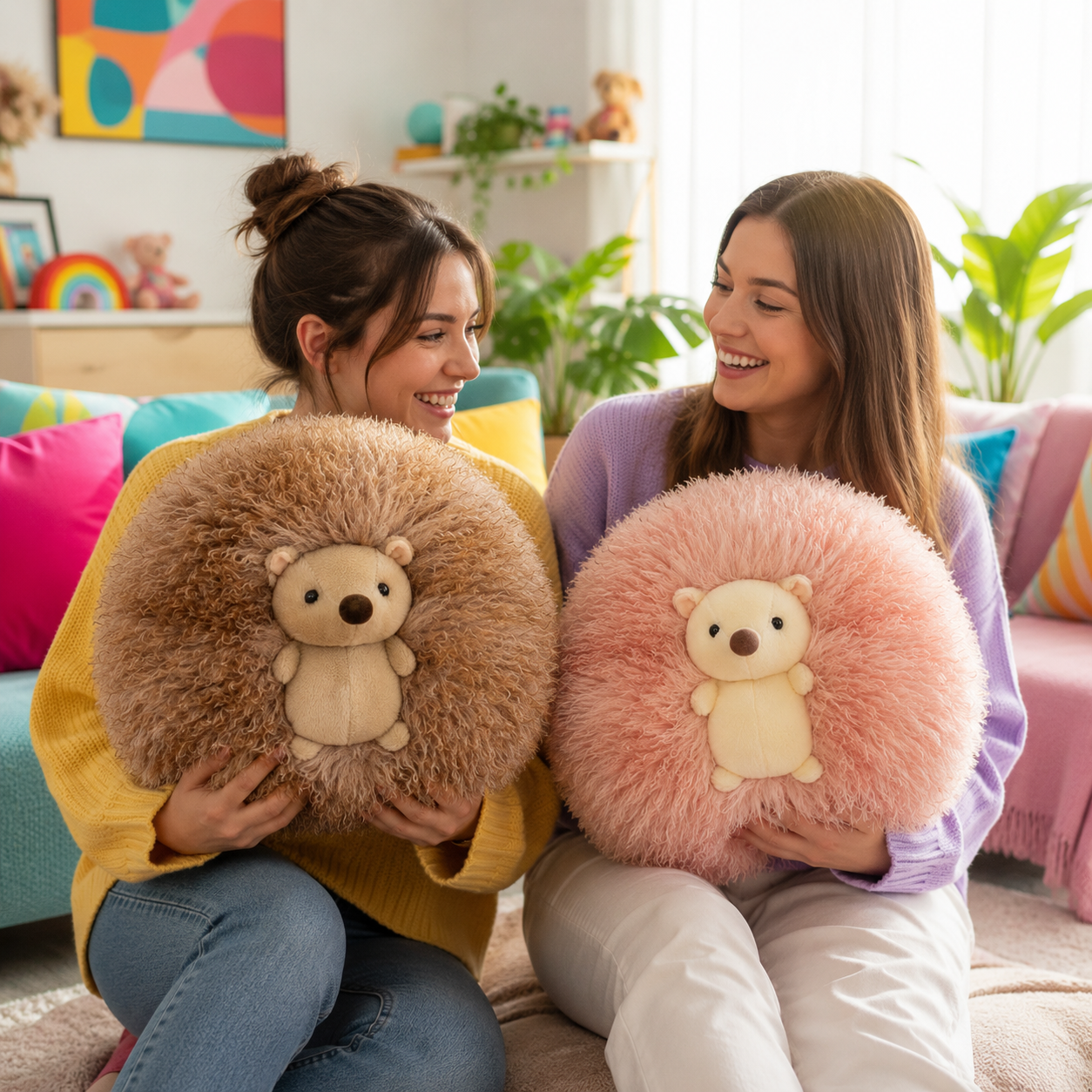 Two women sitting on a couch in a brightly lit living room, each holding a round, fluffy hedgehog-shaped plush pillow. One pillow is light brown and the other is light pink, both featuring a small cream teddy bear face in the center.