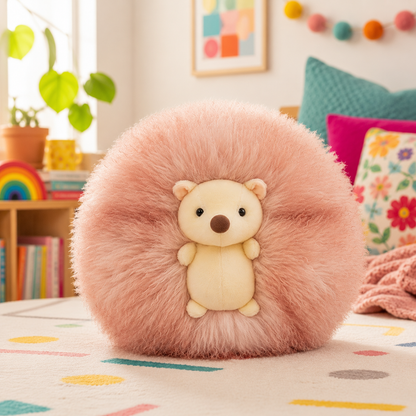A round, fluffy pink plush hedgehog stuffed animal with a small cream-colored teddy bear face and arms in the center, placed on a colorful patterned rug in a cozy, brightly lit room.