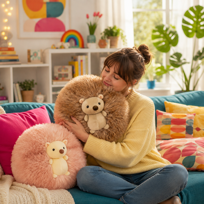 A woman sits on a teal sofa in a bright living room, hugging a large brown fuzzy hedgehog plushie pillow with a small teddy bear face. Another pink fuzzy hedgehog pillow with a matching teddy bear face rests beside her.