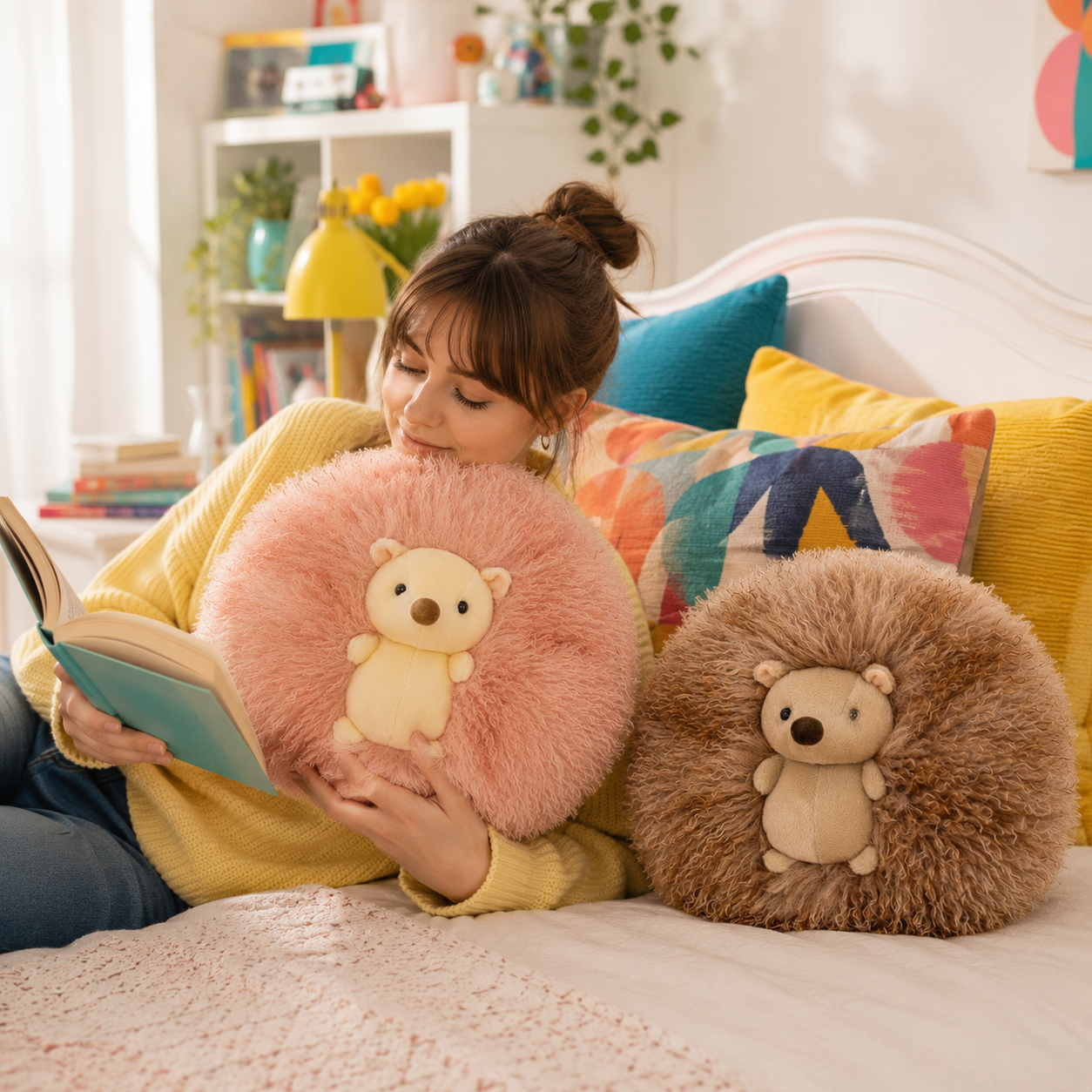 A cozy bedroom scene with a woman reading a book while lying on a bed, surrounded by two round plush hedgehog pillows. One pillow is light pink with a cream bear face, and the other is brown with a cream bear face.