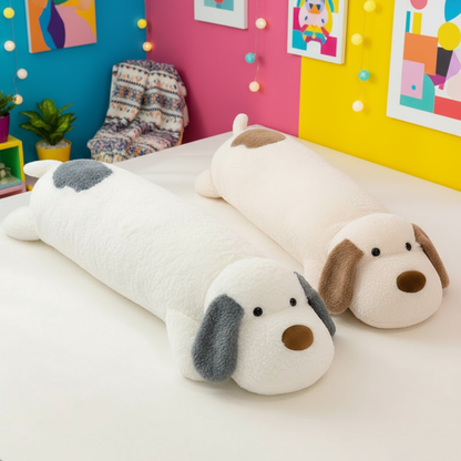 Two dog plushie body pillows laying on a bed in a vibrant bedroom setting