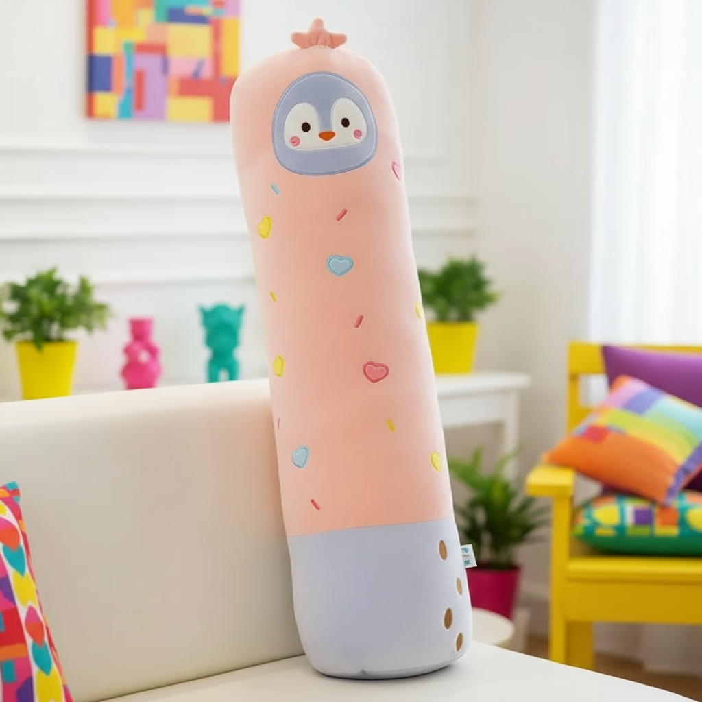 Long, cylindrical plush toy with a penguin design in a colorful room.