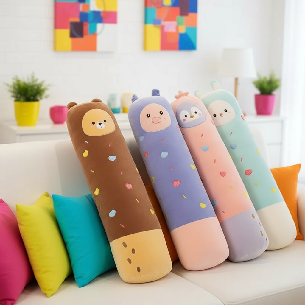 Colorful cartoon-style cylindrical plushie pillows on a couch with a bright, indoor setting.