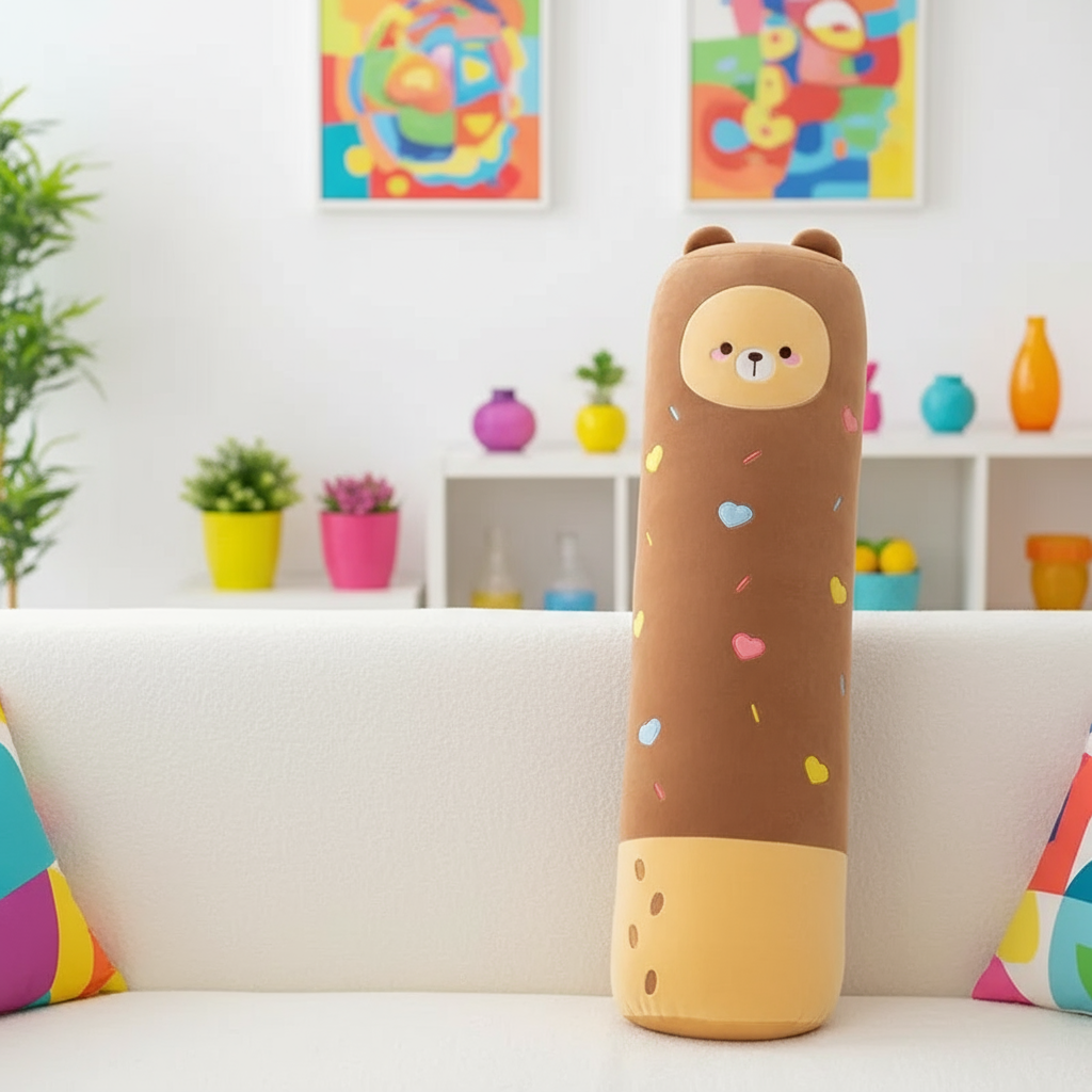 Cylindrical plush toy with bear design on a couch in a colorful room.