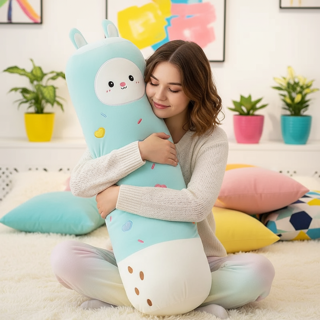 Woman hugging a large, light blue plush toy with animal ears in a room with colorful decor.