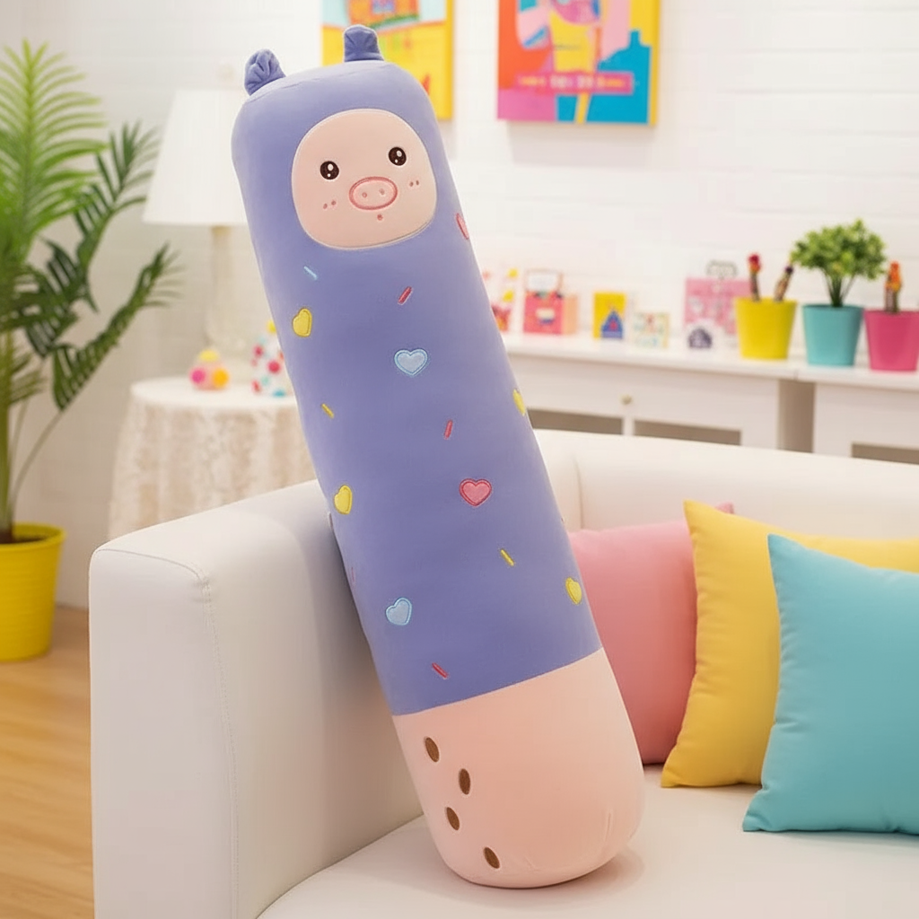 Long, cylindrical plush toy with a cartoon face on a couch in a bright room.