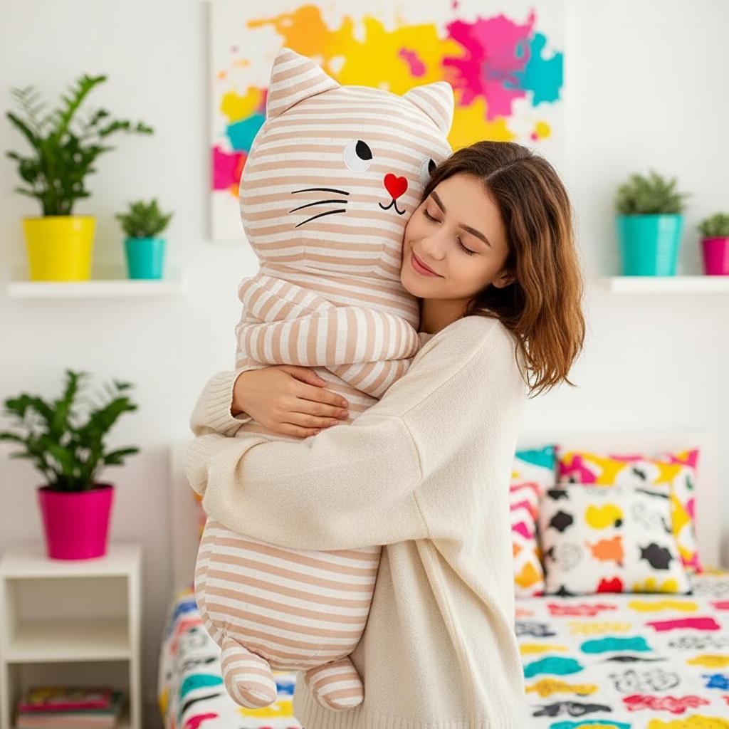 Woman holding a large striped cat plush toy in a colorful room with plants and a sofa.