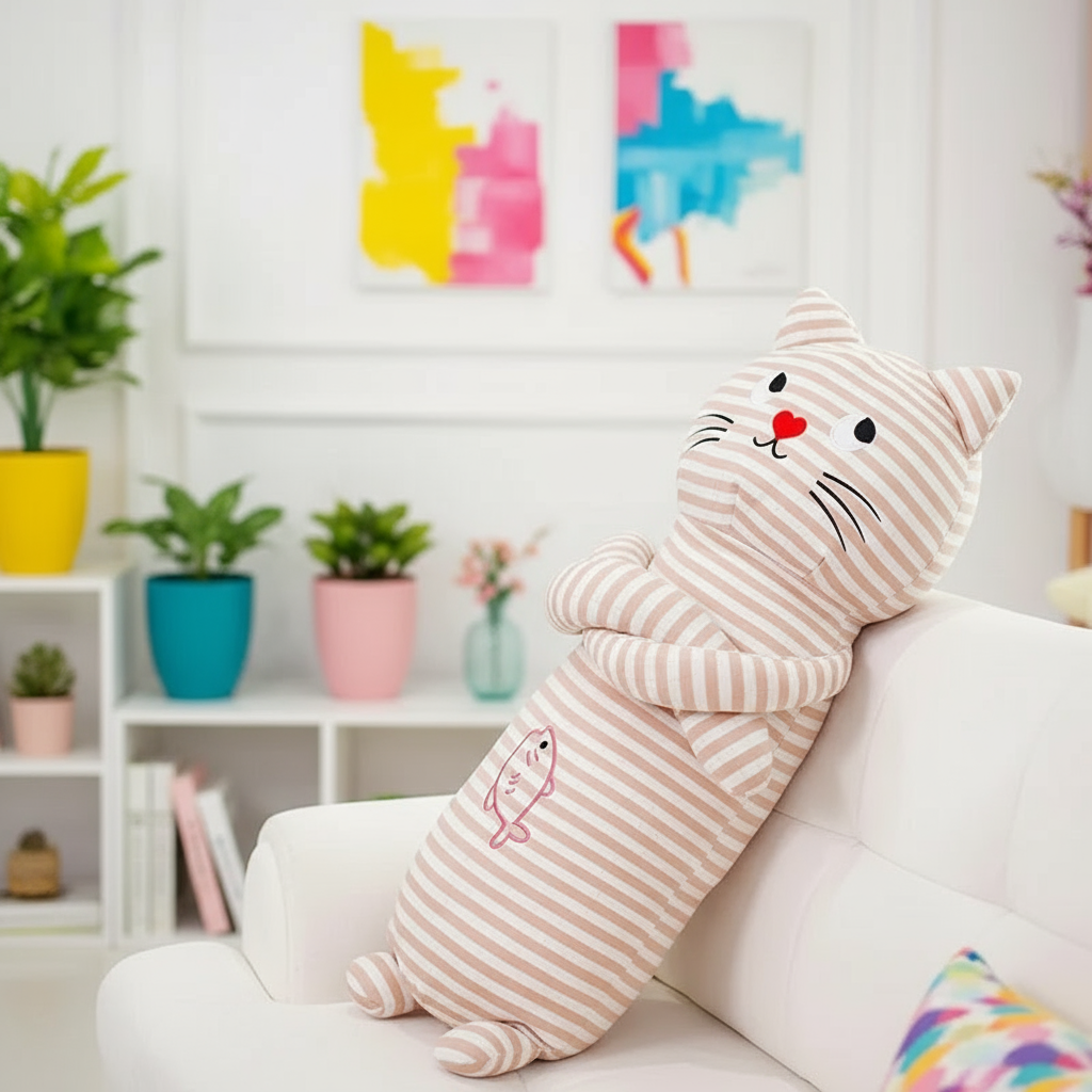 Striped cat-shaped plushie pillow on a couch with colorful wall art and plants in the background