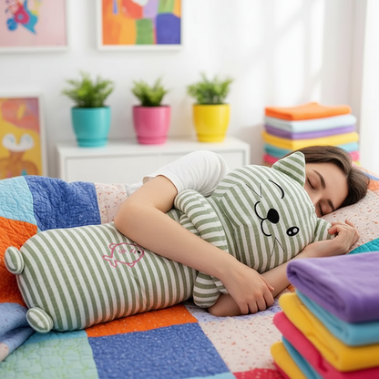 Person lying on a colorful bed with a striped cat-shaped plushie body pillow