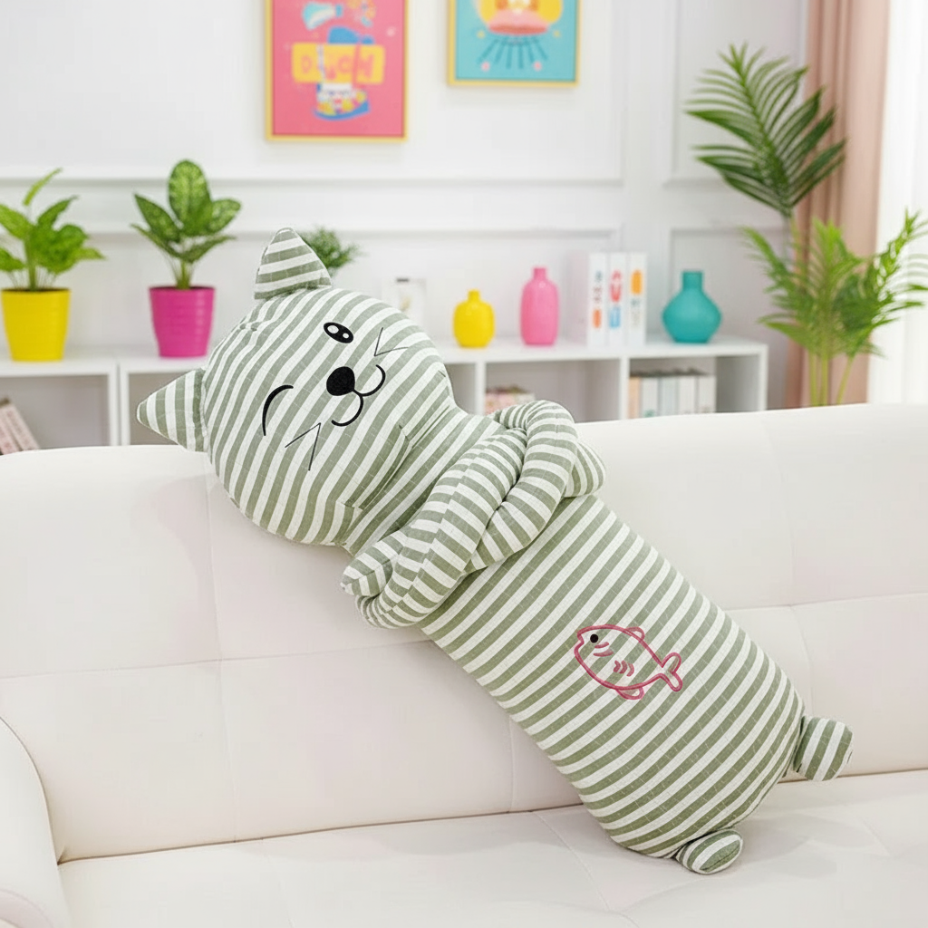 Green and white striped cat-shaped plushie pillow on a white couch with a colorful room in the background