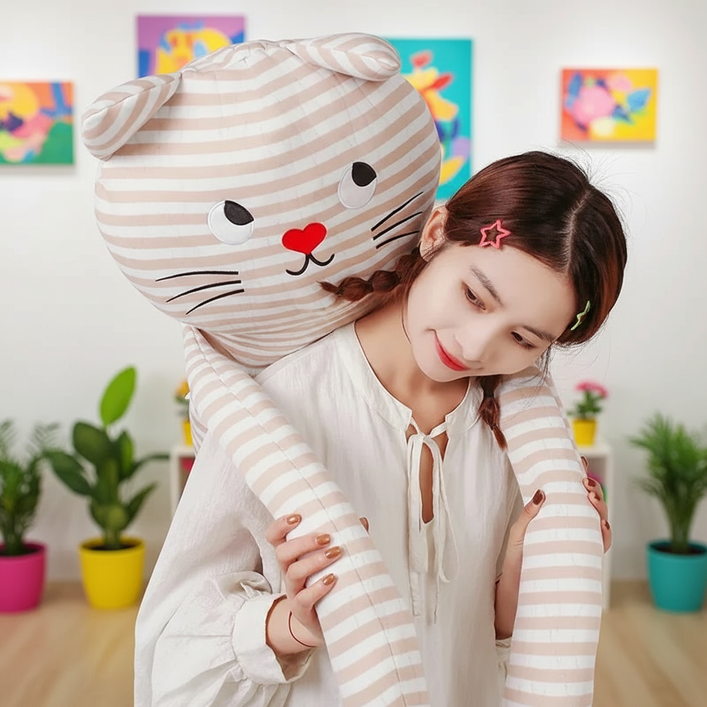 Woman holding a large striped cat-shaped plushie body pillow in a room with colorful decorations and plants.