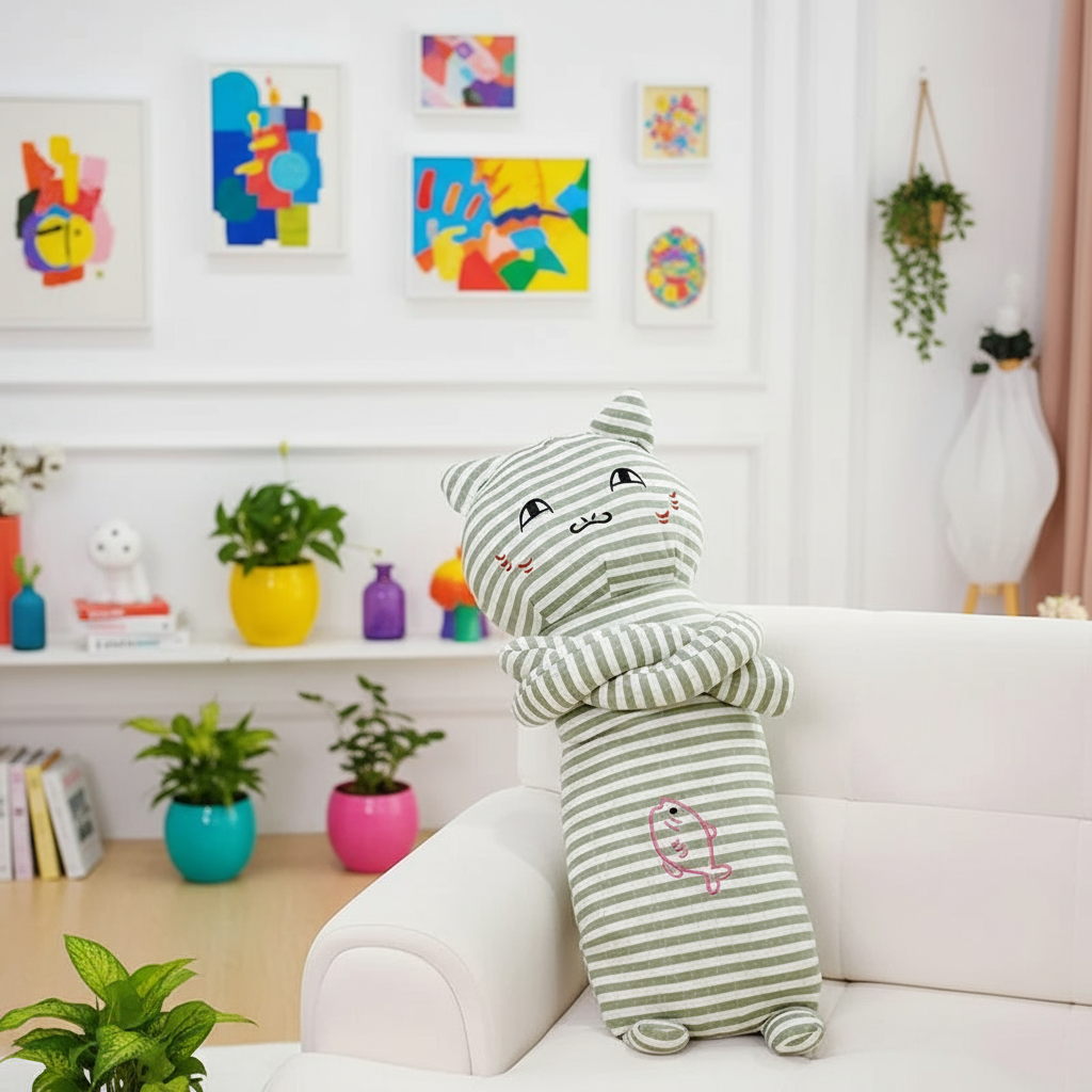 Striped plush cat on a white couch with colorful art and plants in the background