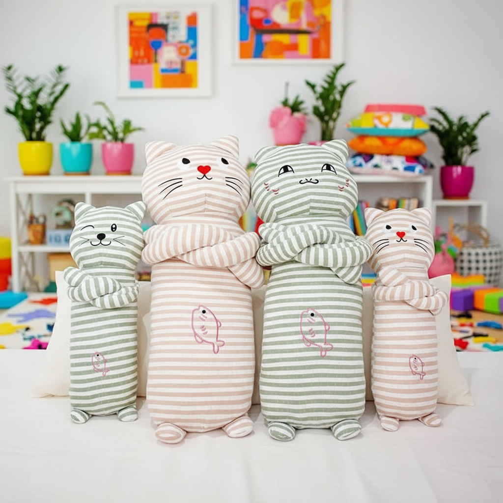 Four striped cat-shaped plushie body pillows in a room with colorful decor.