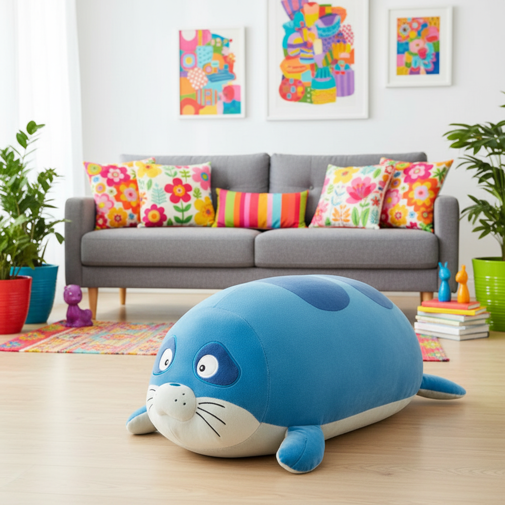 Blue sea lion plush toy on a wooden floor with a colorful couch and decor in the background
