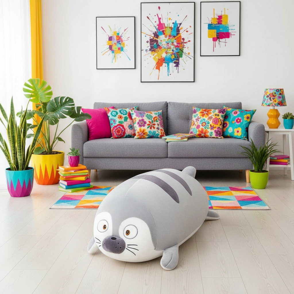 Living room with a gray sofa, colorful pillows, and a large seal-shaped cushion on a wooden floor.