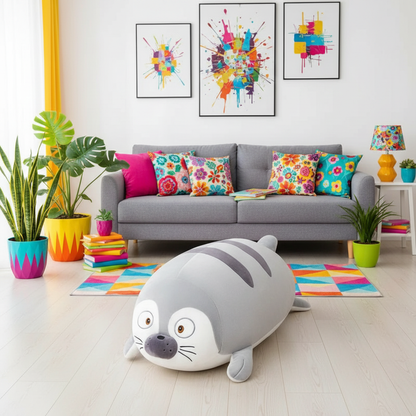 Living room with a gray sofa, colorful pillows, and a large seal-shaped cushion on a wooden floor.