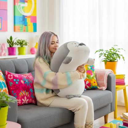 Woman sitting on a couch holding a large plush sea lion toy in a colorful living room.