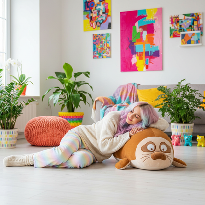 Person lying on a large plush toy in a room with colorful artwork and plants
