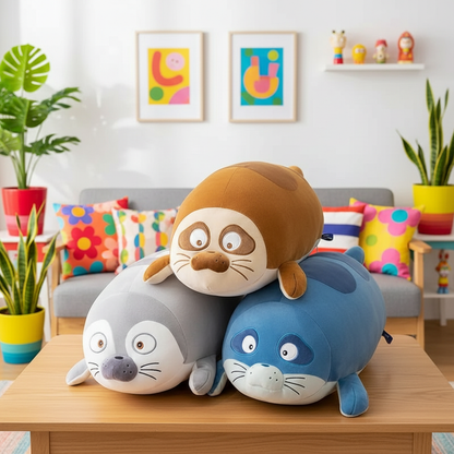 Three cartoon animal plush sea lion toys on a wooden table with a colorful living room background.