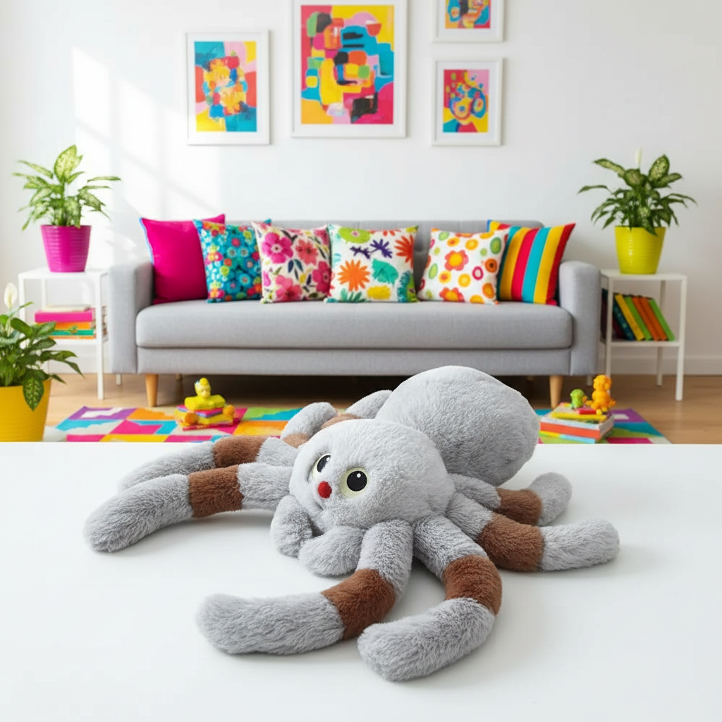Gray plush spider toy on a white floor with a colorful living room in the background