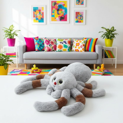 Gray plush spider toy on a white floor with a colorful living room in the background