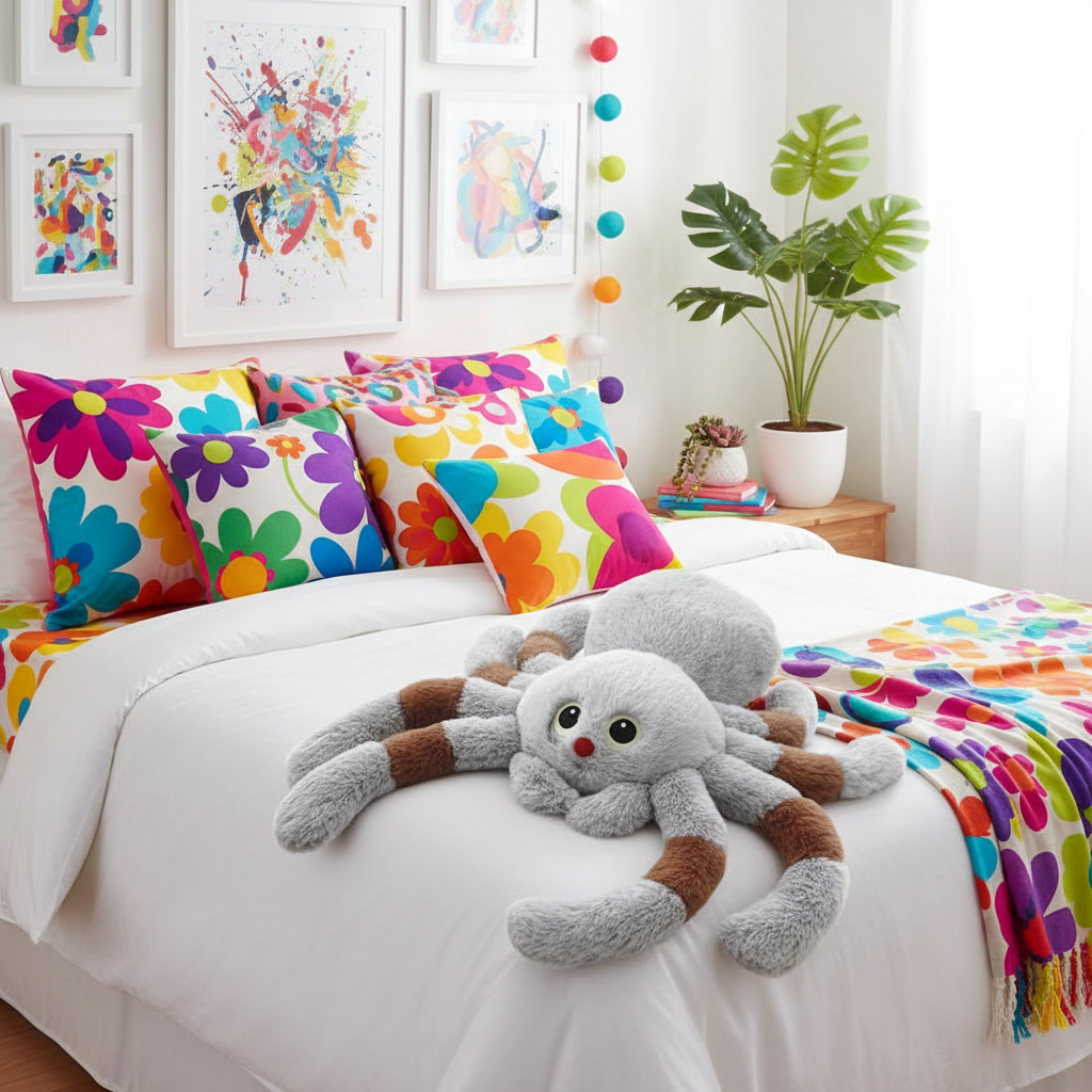 Colorful bedroom with floral pillows, a spider plush toy, and a plant.