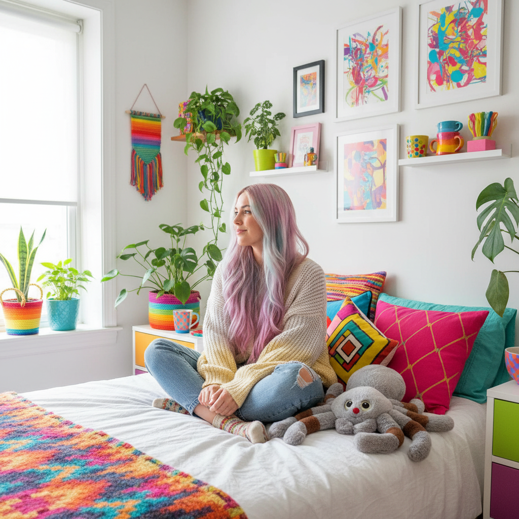 Woman sitting on a bed in a colorful bedroom with plants, a spider plush toy, and art on the wall.