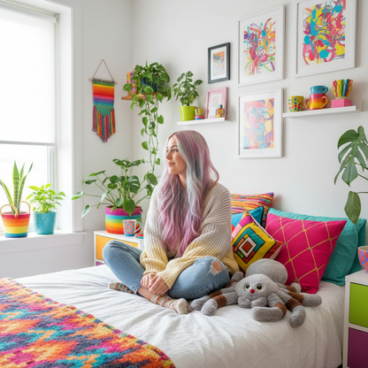 Woman sitting on a bed in a colorful bedroom with plants, a spider plush toy, and art on the wall.