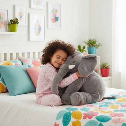 Child holding a plush elephant toy in a bedroom with colorful bedding and decor.