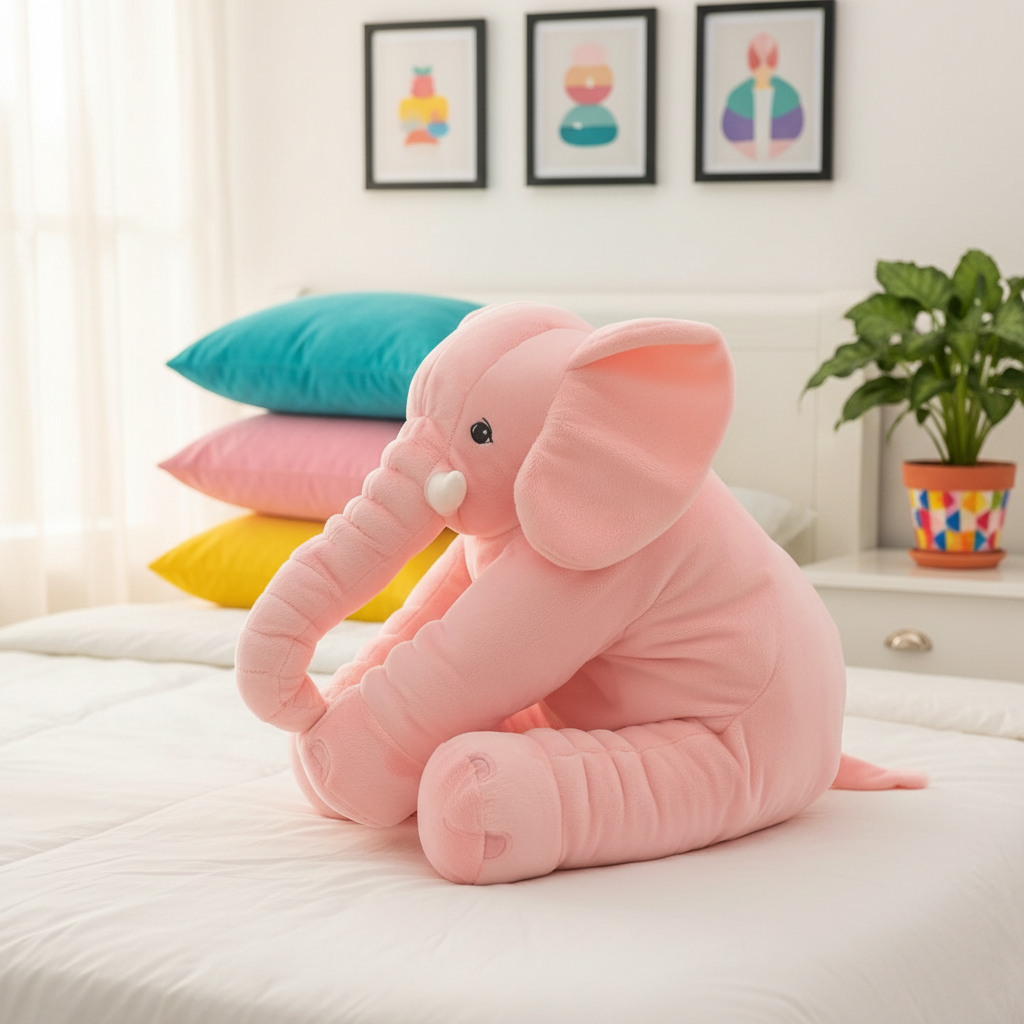 Pink elephant plush toy on a bed with colorful pillows and a plant in the background.