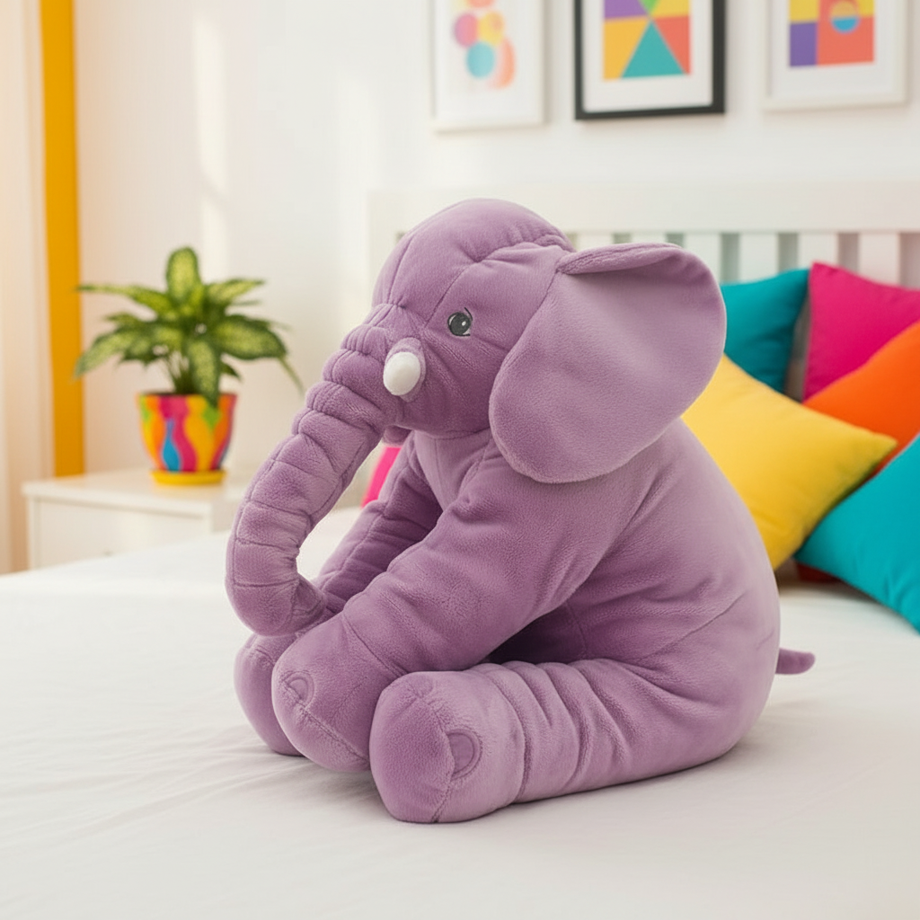 Purple elephant plush toy on a bed with colorful pillows and a plant in the background