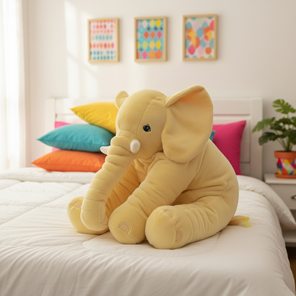 Yellow elephant plush toy on a bed with colorful pillows and wall art in the background