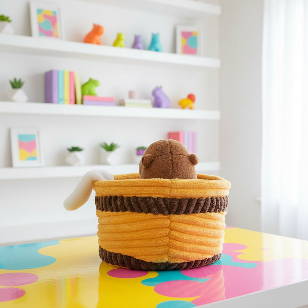 Stuffed animal in a yellow basket on a colorful play mat with shelves in the background