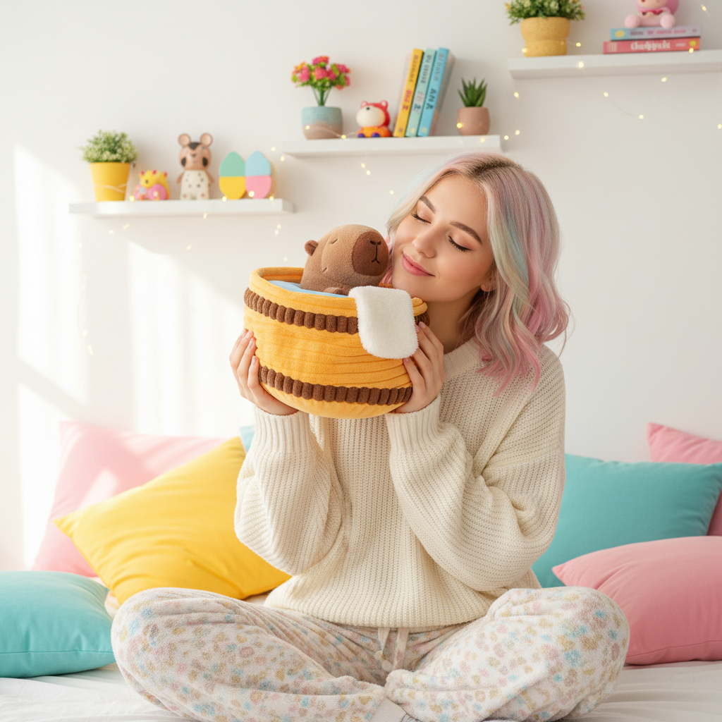 Woman holding a plush bathtub with a capybara surrounded by colorful pillows and decor items.