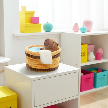 Children's room with colorful storage bins and toys on shelves.