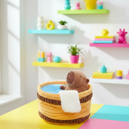 Plush toy capybara in a bathtub with colorful shelves in the background