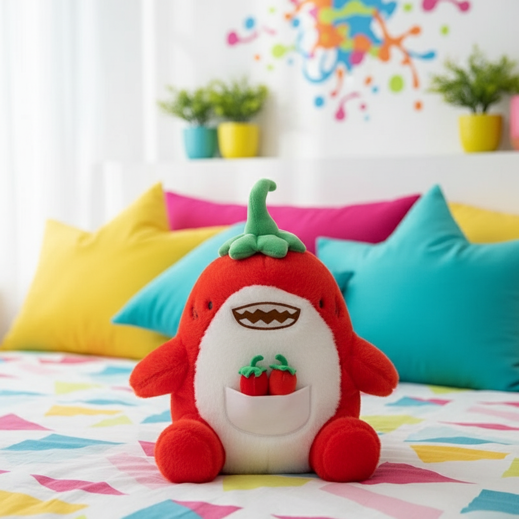 Red shark plush toy with green top on a colorful bed with pillows