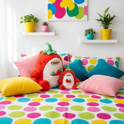 Colorful bedroom with polka dot bedding, pepper shark plush toys, and decorative pillows.