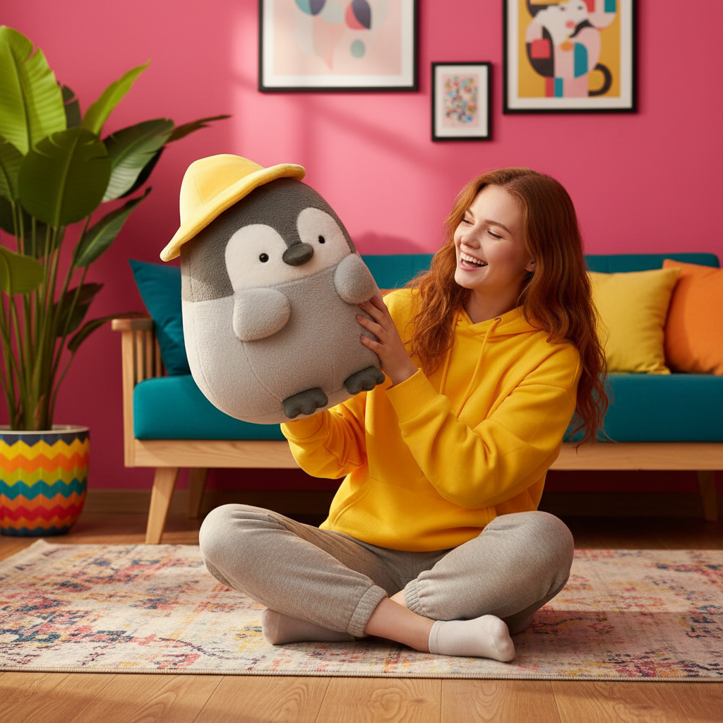 Person holding a large plush penguin toy in a colorful living room