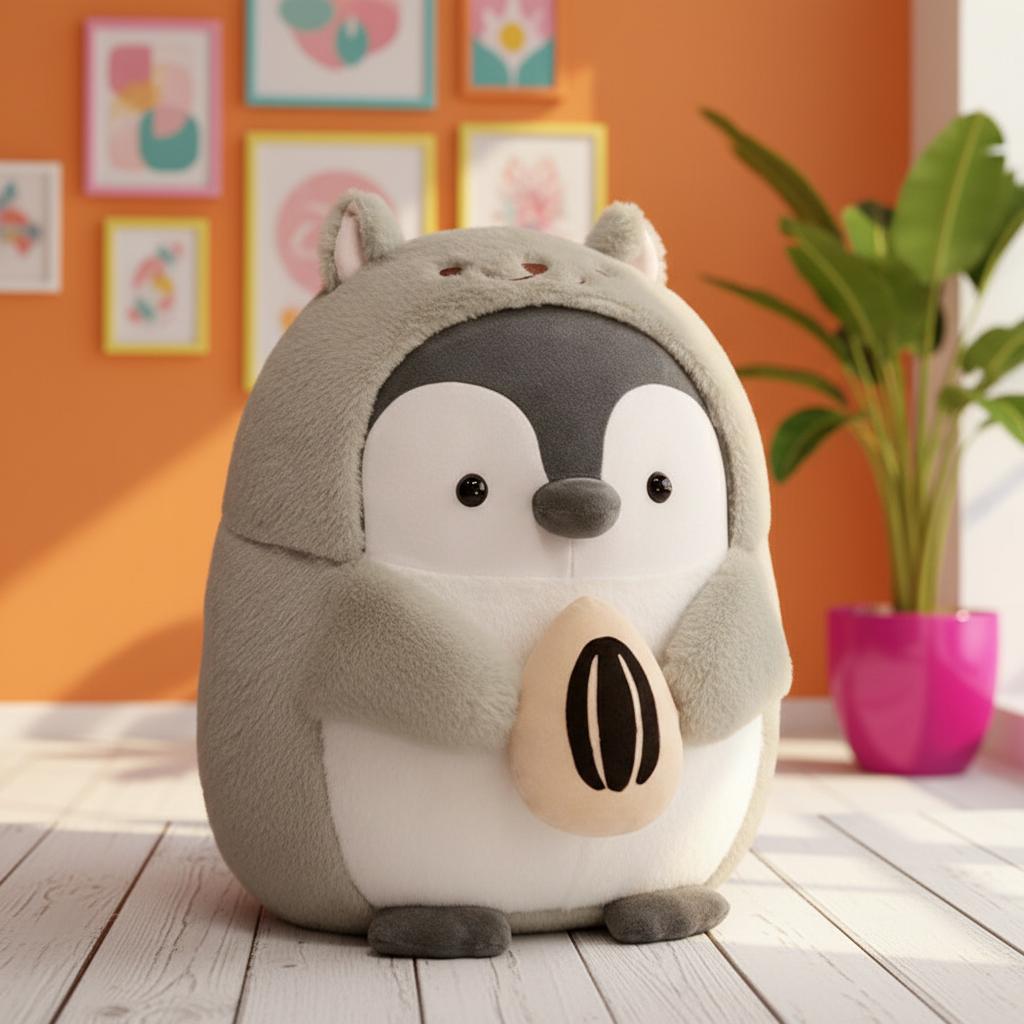 Plush toy resembling a penguin with a hood in a room with colorful walls and a plant.