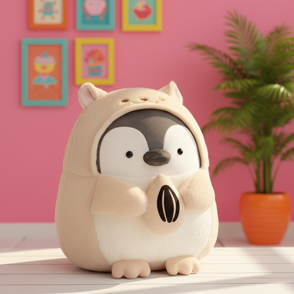 Plush toy penguin in a beige hood with a pink wall and plant in the background