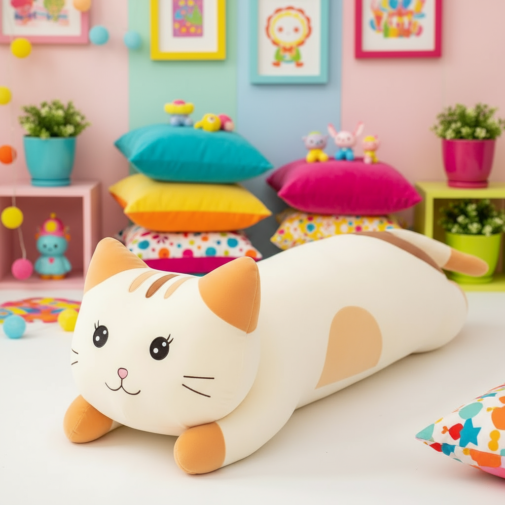 Cat-shaped plushie pillow on a bed with colorful pillows and toys in the background