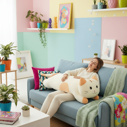 Woman sitting on a blue sofa with a large cat-shaped plushie pillow in a colorful living room.